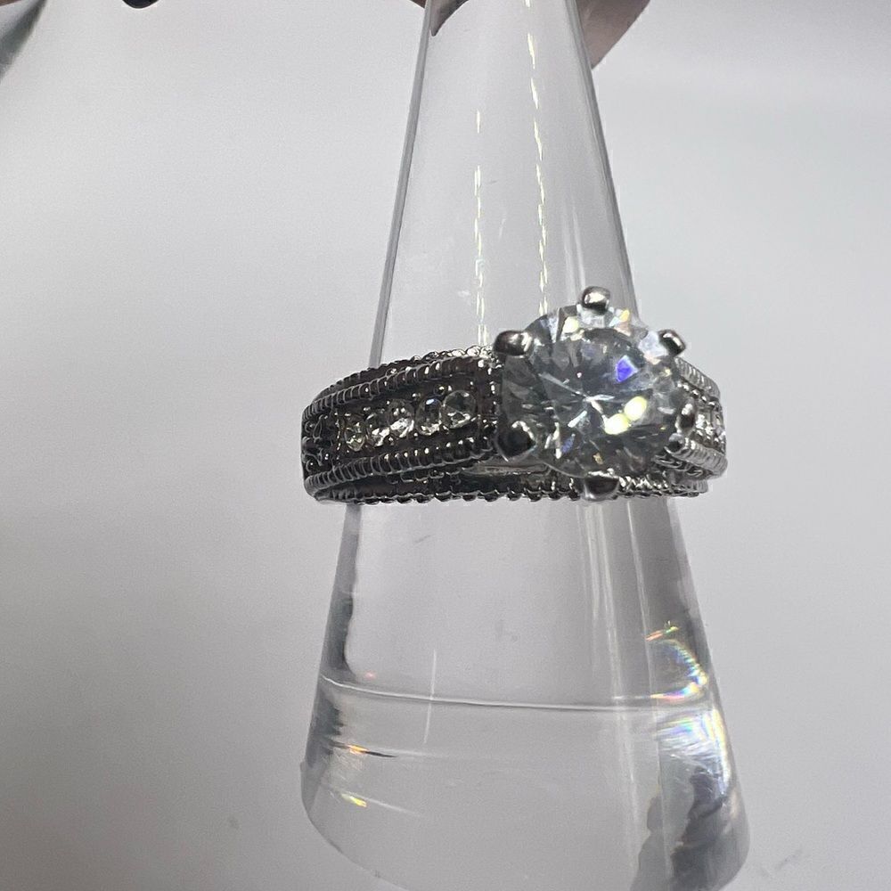 Size 9 Silver Tone and CZ Ring Engagement Wedding Ring